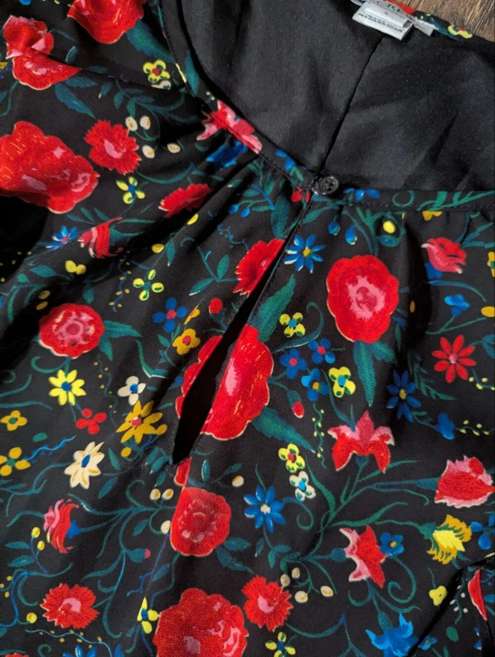J Crew Black w/ Vibrant Red & Yellow Floral Print Flutter Mini Ruffle Dress Sz S